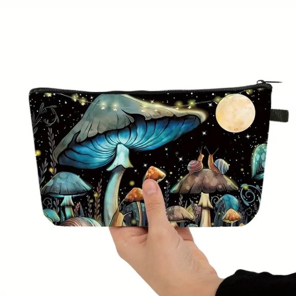 Cosmetic Bag Trippy Mushroom Forest Makeup Clutch Pouch Travel Hippie Moon Snail - Picture 3 of 5